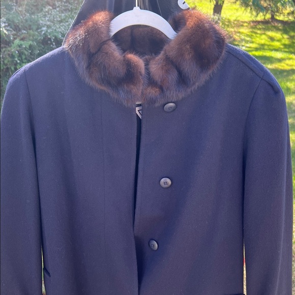 Vintage Marvin Richards USA Full Length Navy Pea Coat Winter Coat Brown Fur Trim - Picture 14 of 17